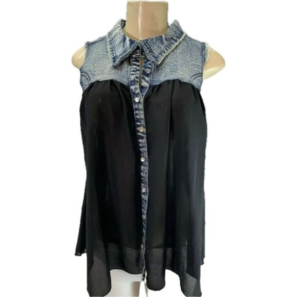 Love Stitch M Denim Bodice Sheer BlackHalf Button Down Collar Sleeveless Blouse - Picture 2 of 5